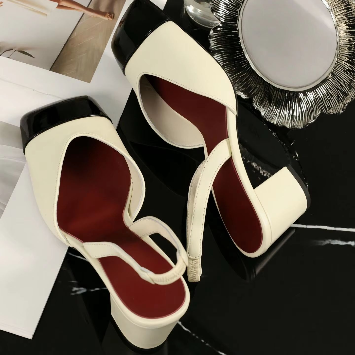 Sandals - Damen Slingback Pumps Zweifarbig Creme Schwarz