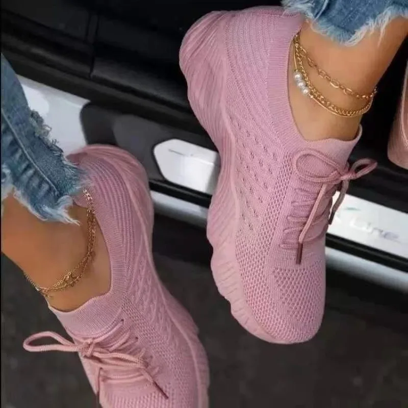 Knit Fabric Lace Up Sneakers - Lässige Strick-Sneaker für Damen, atmungsaktives Mesh,