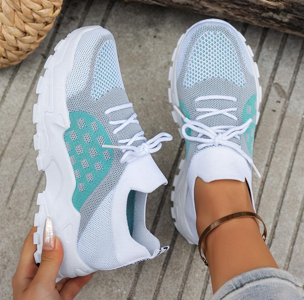 Knit Fabric Lace Up Sneakers - Atmungsaktive Damen-Sportschuhe aus Strickmesh, Sommer-Freizeitsneaker mit