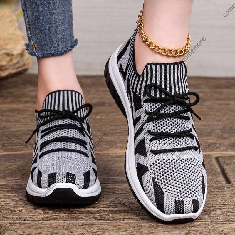 Knit Fabric Lace Up Sneakers - Damen-Slip-On-Sneaker aus Strick, atmungsaktiv, mit Schnürung,