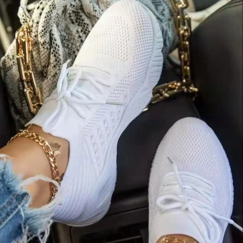 Lässige Strick-Sneaker für Dam – Knit Fabric Lace Up Sneakers Bewertung und Preis